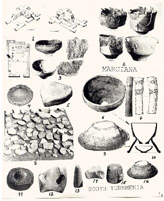 Archaeological relics from Margiana Turkmenistan showing temple layout and ancient strainers and bowls.